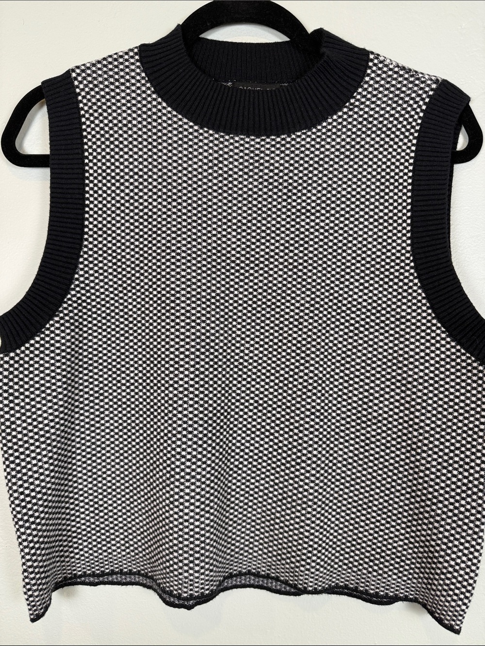 Rachel Zoe Houndstooth Knit Sweater Vest Mock Neck Black White L NWOT Academia